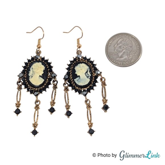 Vintage Style Black Cameo Gothic Chandelier Dangle Earrings Victorian Revival - Picture 6 of 8